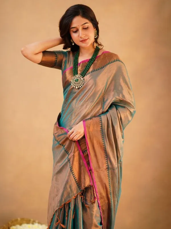 Teal_Grey_Tissue_Cotton_Saree_with_Copper_Border_&_Pink_Piping,_With_Blouse_Piece