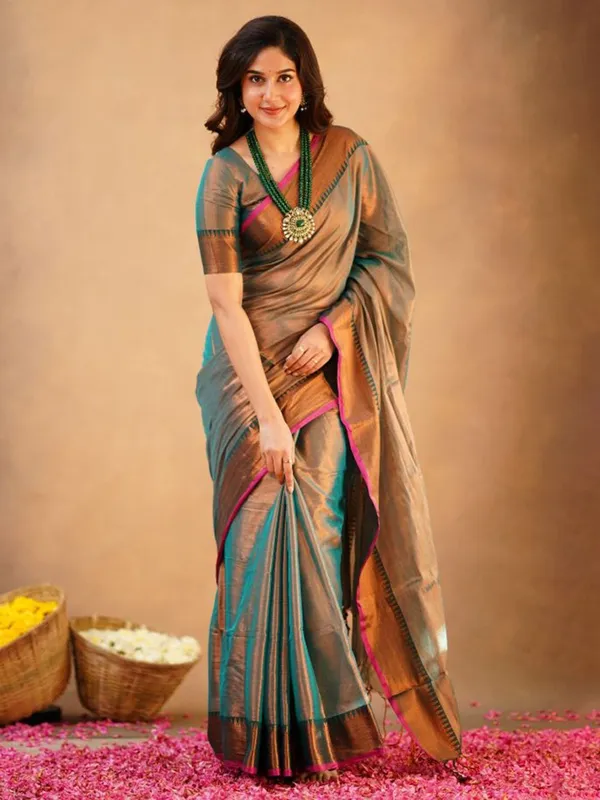 Teal_Grey_Tissue_Cotton_Saree_with_Copper_Border_&_Pink_Piping,_With_Blouse_Piece