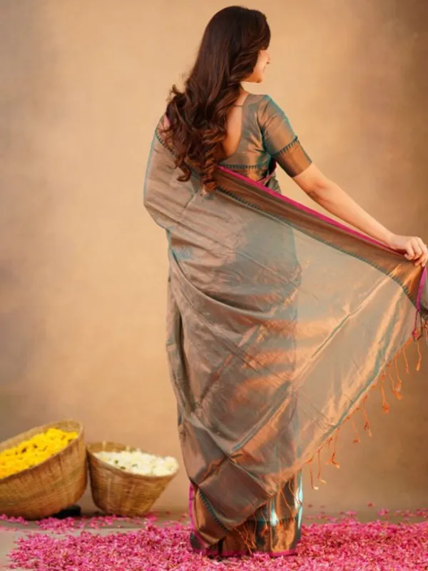Teal_Grey_Tissue_Cotton_Saree_with_Copper_Border_&_Pink_Piping,_With_Blouse_Piece