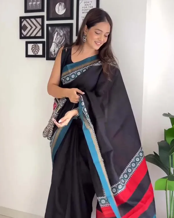Dark_Horizon_-_Black_Linen_Saree_with_Blue_Border_&_Matching_Blouse