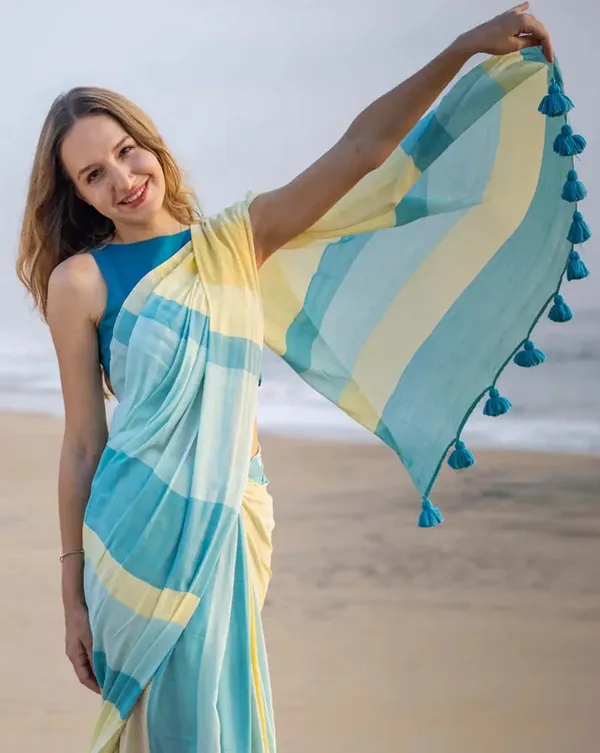 Ocean_Sun_-_Blue_&_Yellow_Linen_Saree_with_Blue_Blouse_Piece