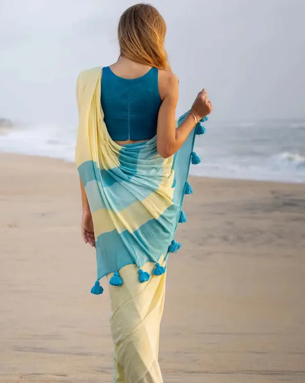 Ocean_Sun_-_Blue_&_Yellow_Linen_Saree_with_Blue_Blouse_Piece