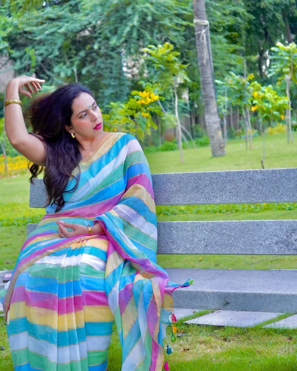 Swarna_Rekha_-_Sunshine_Stripes_Yellow-Blue-Green-White_Linen_Saree_with_Blouse_Piece