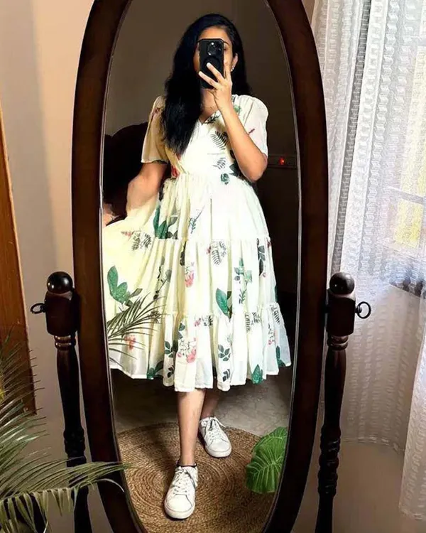 White_Pure_Cotton_One_Piece_Dress_Fully_Stitched_-_Floral_Print_Design_Ready_To_Wear_For_Women_For_Women