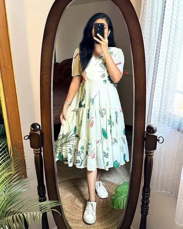White_Pure_Cotton_One_Piece_Dress_Fully_Stitched_-_Floral_Print_Design_Ready_To_Wear_For_Women_For_Women