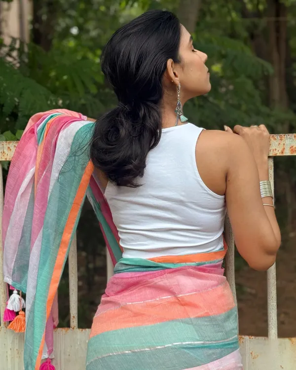 Neelanjali_Sutra_-_Twilight_Stripes_Bottle_Blue-Pink-Saffron_Linen_Saree_with_Blouse_Piece