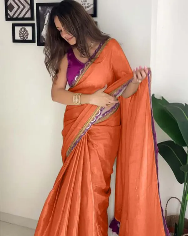 Orange_Color_Soft_Chinnon_Silk_Saree_with_Lace_Border_&_Blouse_Piece