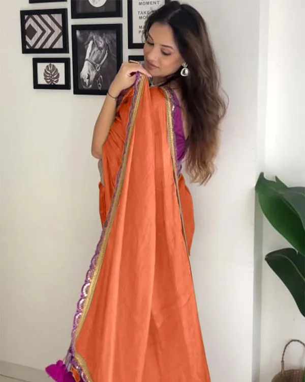 Orange_Color_Soft_Chinnon_Silk_Saree_with_Lace_Border_&_Blouse_Piece