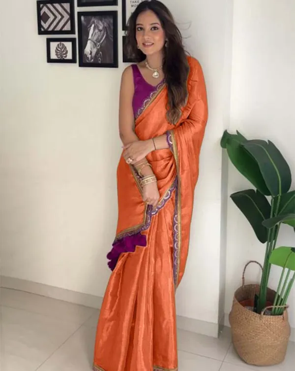 Orange_Color_Soft_Chinnon_Silk_Saree_with_Lace_Border_&_Blouse_Piece