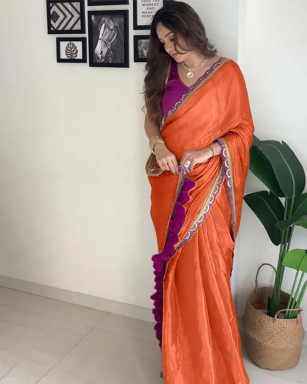 Orange_Color_Soft_Chinnon_Silk_Saree_with_Lace_Border_&_Blouse_Piece