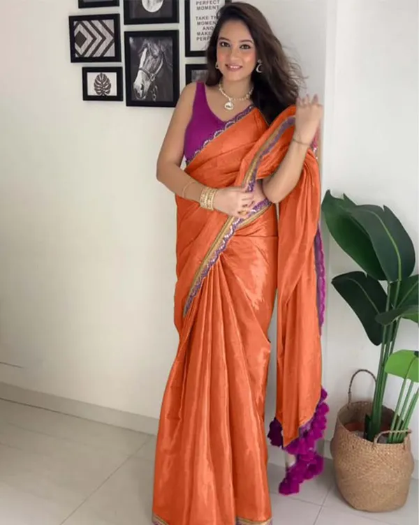 Orange_Color_Soft_Chinnon_Silk_Saree_with_Lace_Border_&_Blouse_Piece