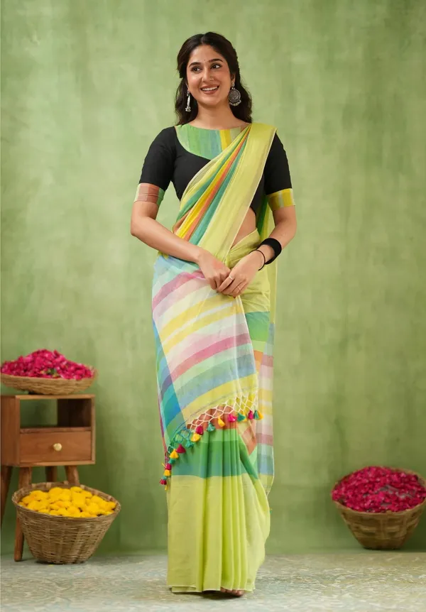 Light_Green_Mulmul_Cotton_Saree_with_Multicolor_Striped_Pallu_&_Matching_Light_Green_Blouse_Piece