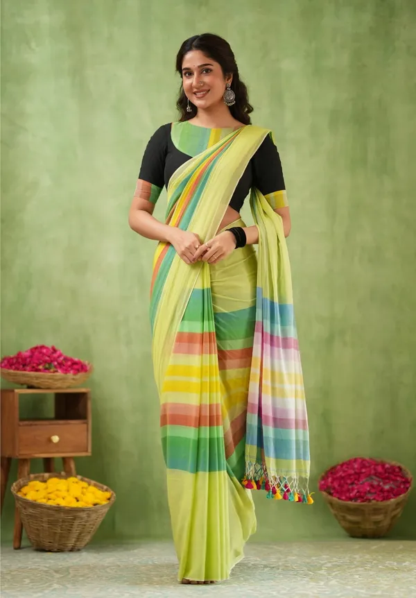 Light_Green_Mulmul_Cotton_Saree_with_Multicolor_Striped_Pallu_&_Matching_Light_Green_Blouse_Piece
