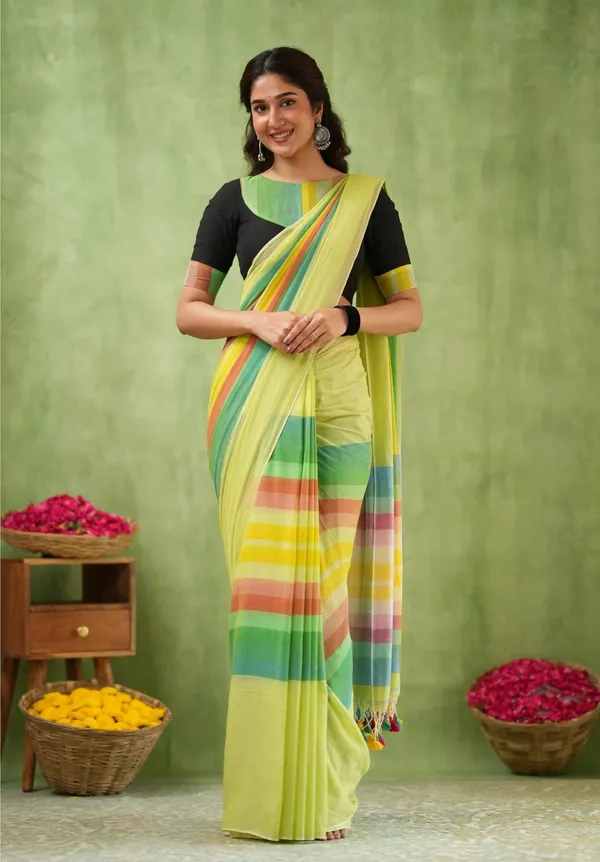 Light_Green_Mulmul_Cotton_Saree_with_Multicolor_Striped_Pallu_&_Matching_Light_Green_Blouse_Piece