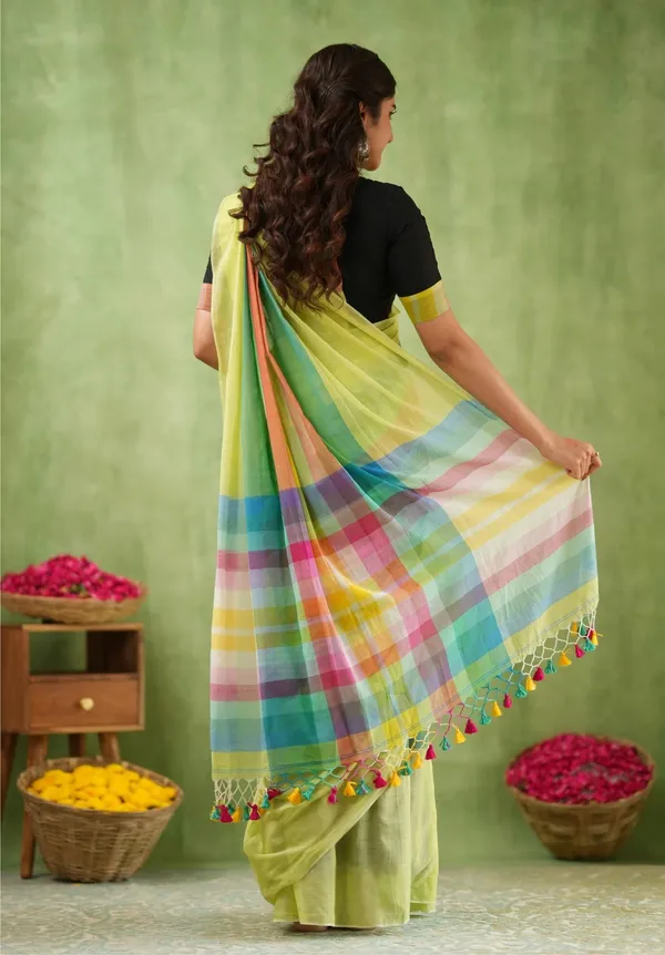 Light_Green_Mulmul_Cotton_Saree_with_Multicolor_Striped_Pallu_&_Matching_Light_Green_Blouse_Piece