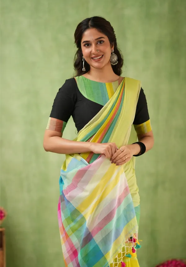 Light_Green_Mulmul_Cotton_Saree_with_Multicolor_Striped_Pallu_&_Matching_Light_Green_Blouse_Piece