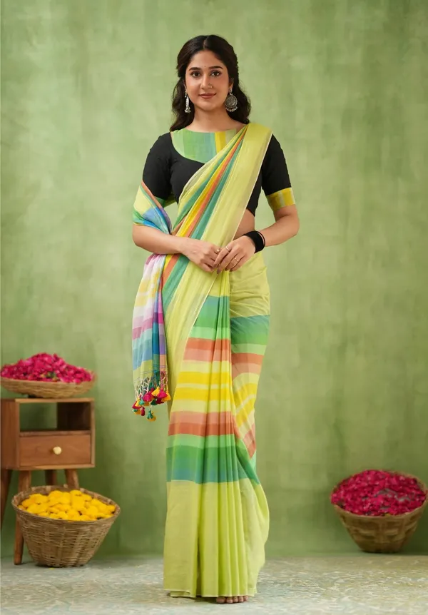 Light_Green_Mulmul_Cotton_Saree_with_Multicolor_Striped_Pallu_&_Matching_Light_Green_Blouse_Piece