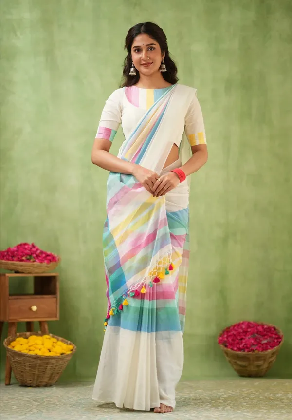 White_Mulmul_Cotton_Saree_with_Multicolor_Pastel_Striped_Pallu_&_Matching_White_Blouse_Piece