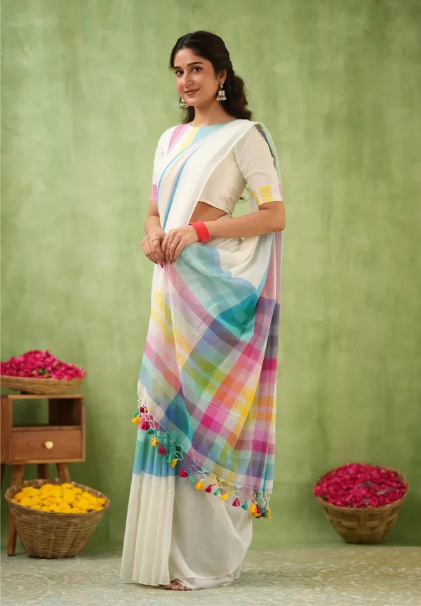 White_Mulmul_Cotton_Saree_with_Multicolor_Pastel_Striped_Pallu_&_Matching_White_Blouse_Piece