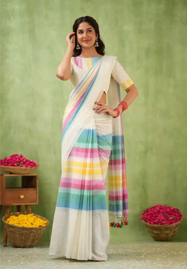 White_Mulmul_Cotton_Saree_with_Multicolor_Pastel_Striped_Pallu_&_Matching_White_Blouse_Piece