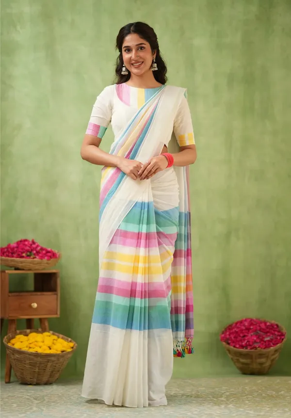 White_Mulmul_Cotton_Saree_with_Multicolor_Pastel_Striped_Pallu_&_Matching_White_Blouse_Piece