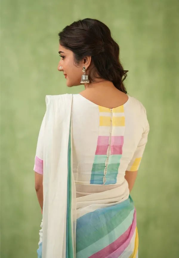 White_Mulmul_Cotton_Saree_with_Multicolor_Pastel_Striped_Pallu_&_Matching_White_Blouse_Piece