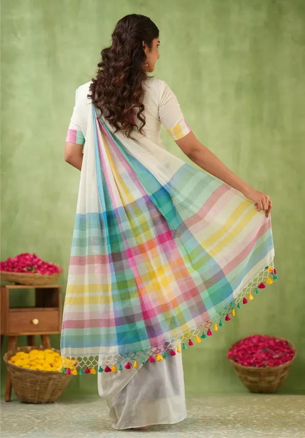 White_Mulmul_Cotton_Saree_with_Multicolor_Pastel_Striped_Pallu_&_Matching_White_Blouse_Piece