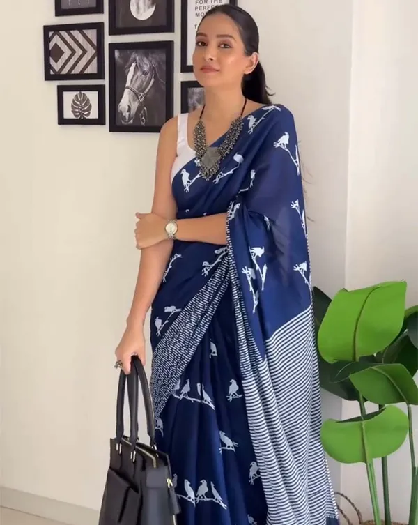 Navy_Mist_-_Navy_Blue_Linen_Saree_with_White_Blouse_Piece