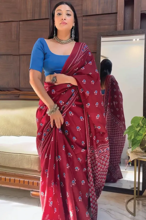 Maroon_Color_1_-_Minute_Ready_to_Wear_Mulmul_Cotton_Saree_with_Blouse_Piece