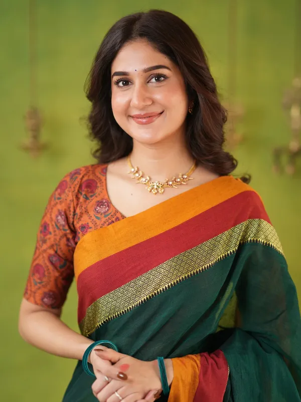 Green_Mulmul_Cotton_Saree_with_Mustard_&_Maroon_Contrast_Borders_(With_Blouse)