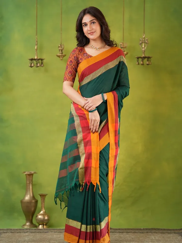 Green_Mulmul_Cotton_Saree_with_Mustard_&_Maroon_Contrast_Borders_(With_Blouse)