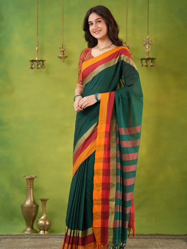 Green_Mulmul_Cotton_Saree_with_Mustard_&_Maroon_Contrast_Borders_(With_Blouse)
