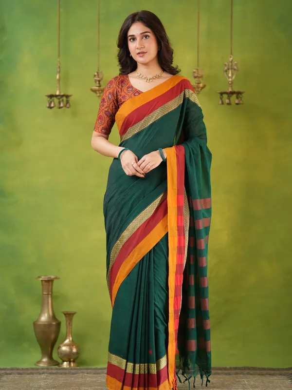Green_Mulmul_Cotton_Saree_with_Mustard_&_Maroon_Contrast_Borders_(With_Blouse)