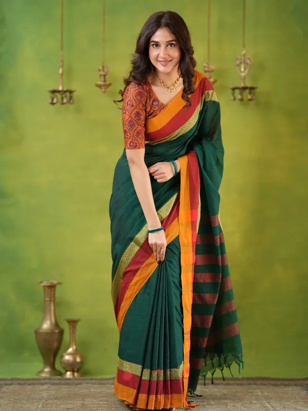 Green_Mulmul_Cotton_Saree_with_Mustard_&_Maroon_Contrast_Borders_(With_Blouse)