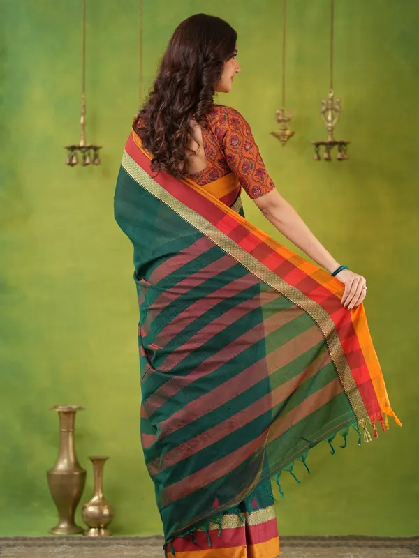 Green_Mulmul_Cotton_Saree_with_Mustard_&_Maroon_Contrast_Borders_(With_Blouse)