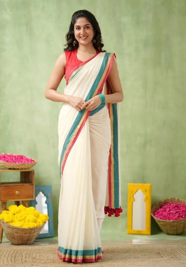 White_Mulmul_Cotton_Saree_with_Teal_&_Pink_&_Gold_Border_&_Red_Blouse_Piece