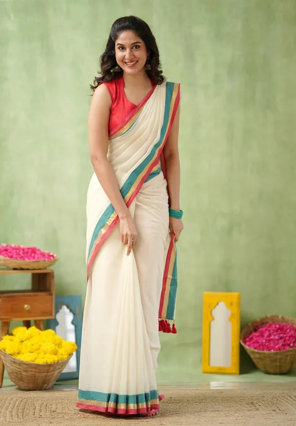 White_Mulmul_Cotton_Saree_with_Teal_&_Pink_&_Gold_Border_&_Red_Blouse_Piece