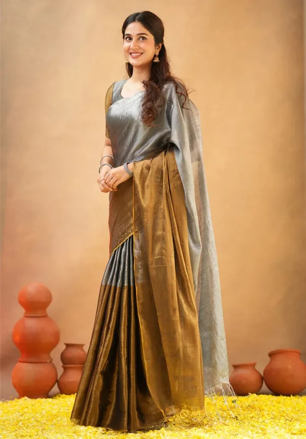 Silver_&_Mustard_Tissue_Cotton_Saree_with_Blouse_Piece