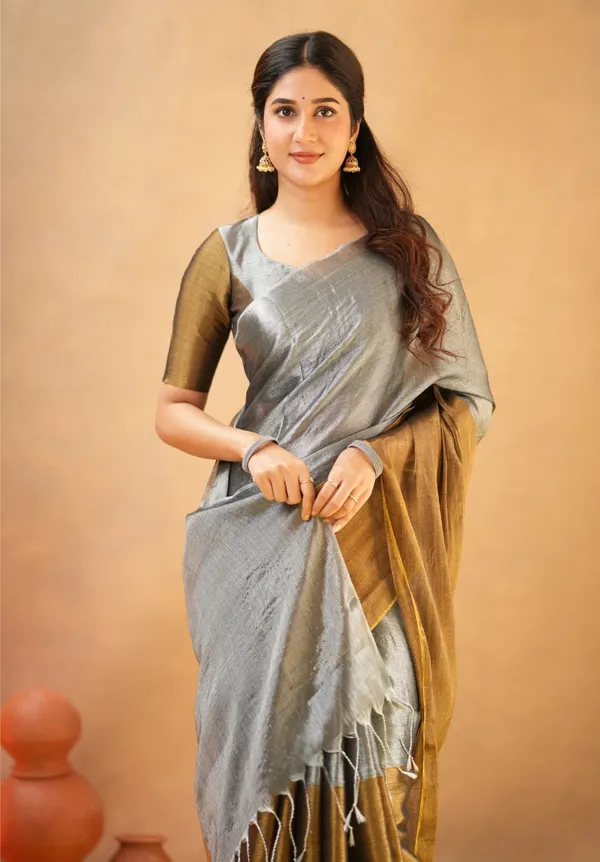 Silver_&_Mustard_Tissue_Cotton_Saree_with_Blouse_Piece