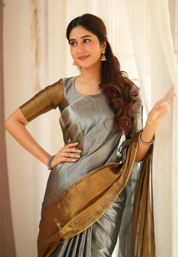 Silver_&_Mustard_Tissue_Cotton_Saree_with_Blouse_Piece