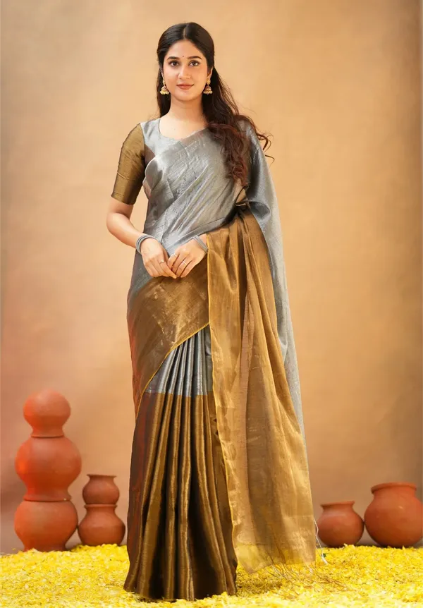 Silver_&_Mustard_Tissue_Cotton_Saree_with_Blouse_Piece