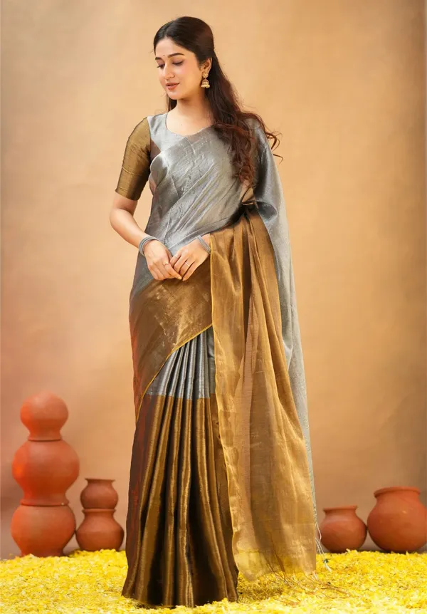 Silver_&_Mustard_Tissue_Cotton_Saree_with_Blouse_Piece