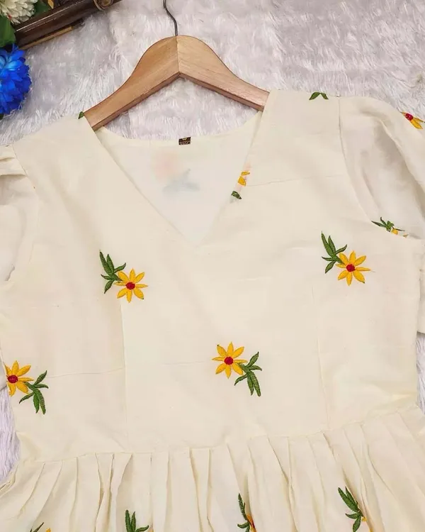 Cream_Pure_Cotton_One_Piece_Dress_Fully_Stitched_-_Sunflower_Design_Ready_To_Wear_For_Women