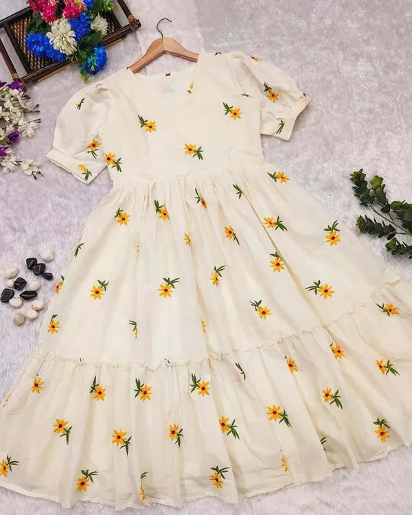 Cream_Pure_Cotton_One_Piece_Dress_Fully_Stitched_-_Sunflower_Design_Ready_To_Wear_For_Women