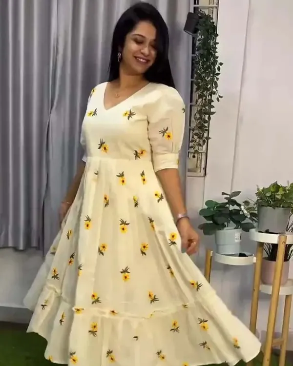 Cream_Pure_Cotton_One_Piece_Dress_Fully_Stitched_-_Sunflower_Design_Ready_To_Wear_For_Women