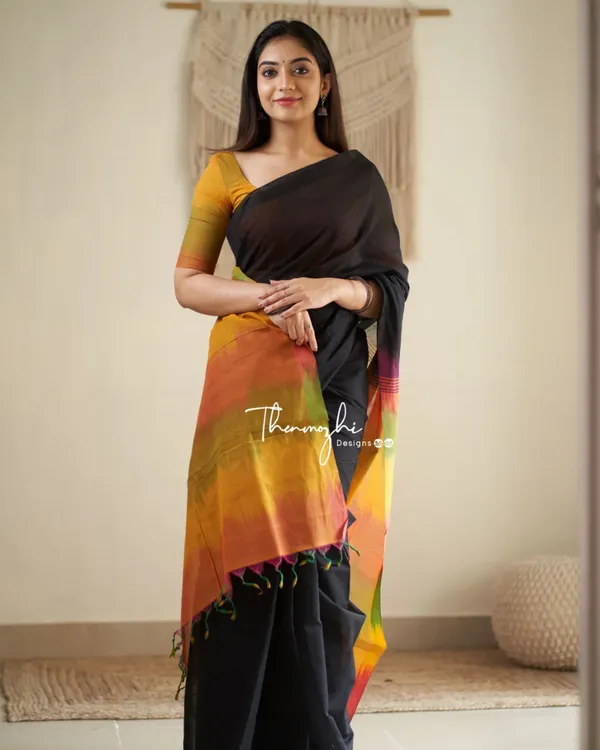 Megh_Agni_-_Deep_Black_Saree_with_Radiant_Saffron_Border-Pallu_&_Blouse_Piece
