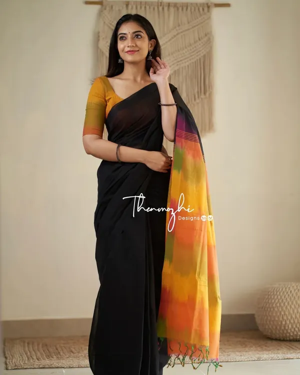 Megh_Agni_-_Deep_Black_Saree_with_Radiant_Saffron_Border-Pallu_&_Blouse_Piece
