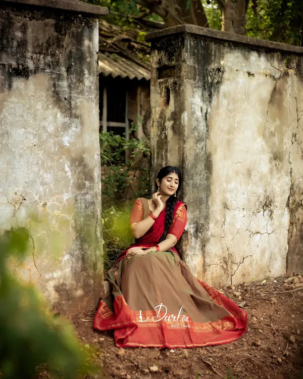 Light_Brown_And_Red_Kanchipuram_Zari_Weaving_Half_Saree_With_Blouse___Silk_Dupatta