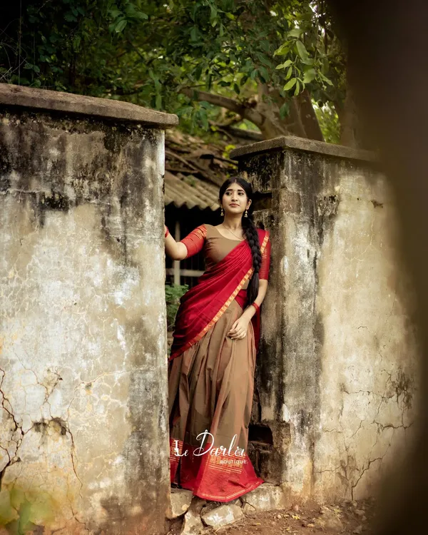 Light_Brown_And_Red_Kanchipuram_Zari_Weaving_Half_Saree_With_Blouse___Silk_Dupatta