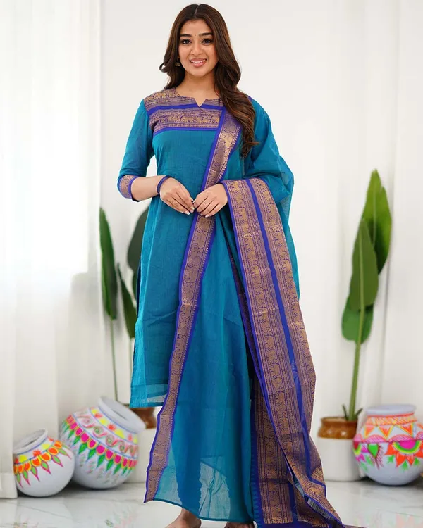 Blue_Cotton_Salwar_With_Dupatta_For_Women